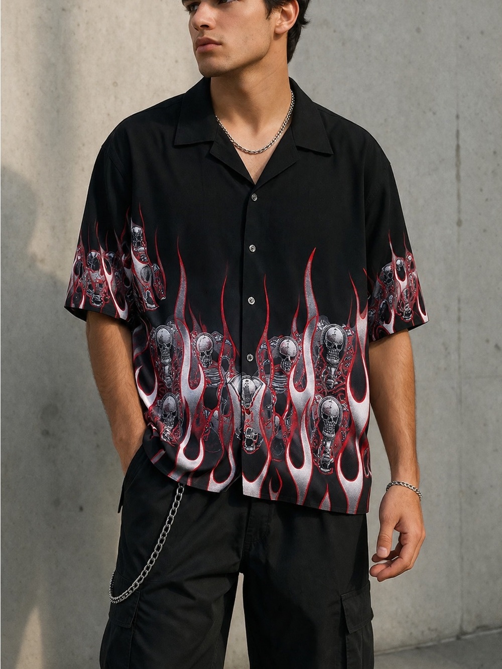 Dragonfly Men's Black and Red Flames Shirt XL